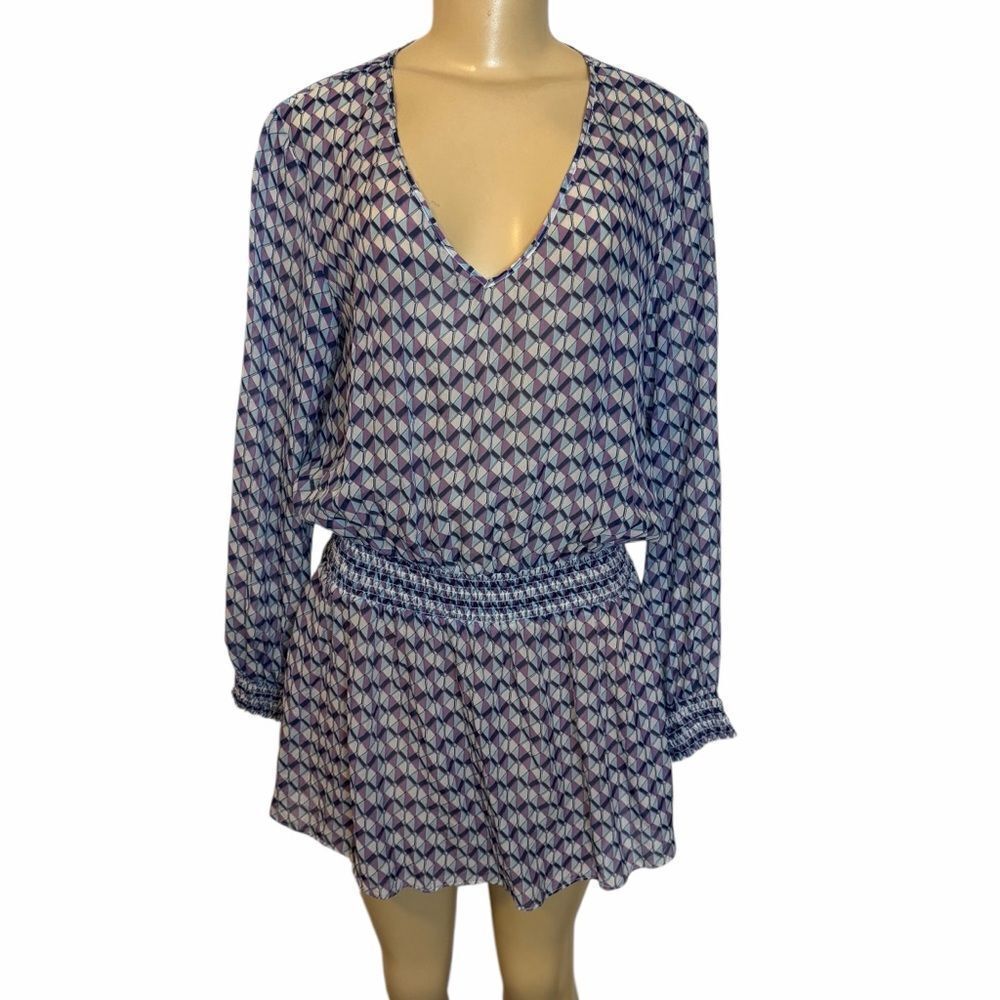 Paloma Blue silk long sleeve mini dress blue purple abstract print size small
